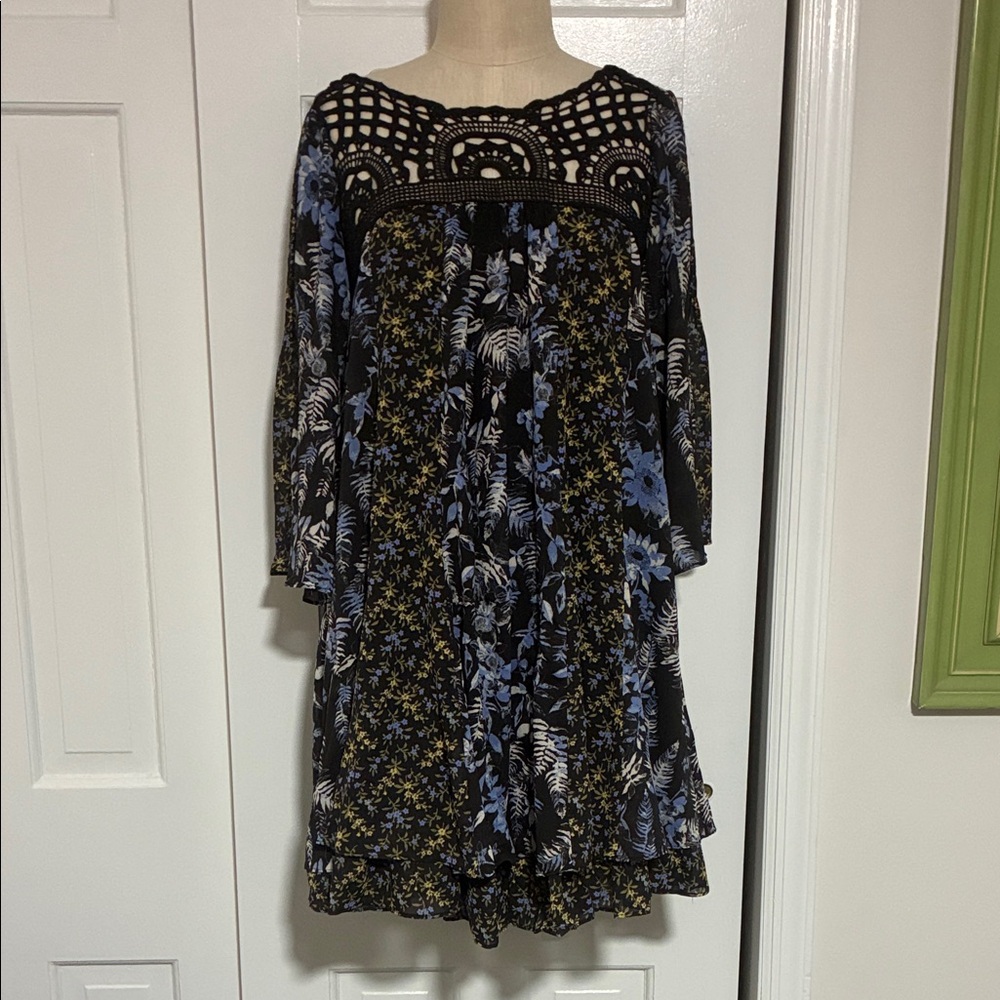 Free People Floral Black and Blue Dress